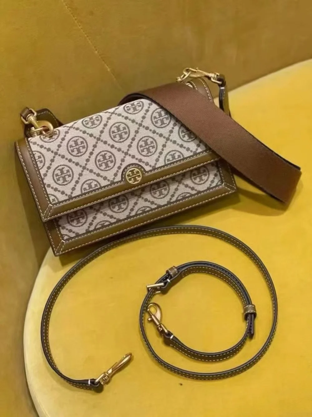Tory Burch Beige and Brown Logo-Print Crossbody Wallet